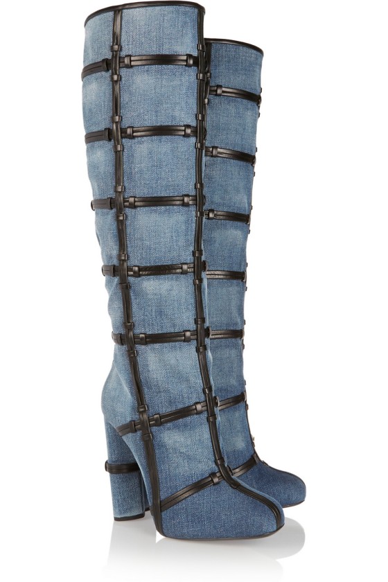 Tom Ford Patchwork denim and leather knee boots, $2,690
